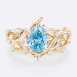 1ct Pear Shaped Lab Blue Diamond Engagement Ring Garden-Themed 5 Claw Prong Engagement Ring Set in Yellow Gold