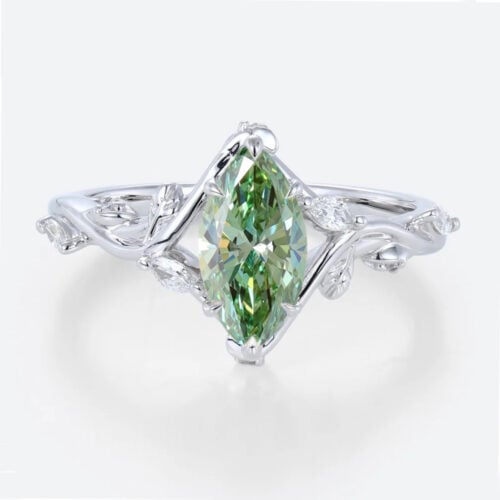 1ct Marquise Cut Lab Green Diamond Ring Leaf Vine 6 Claw Prong Engagement Ring in White Gold