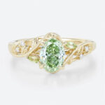 1ct Oval Lab Green Diamond Ring Delicate Botanical 4 Claw Prong Engagement Ring in Yellow Gold