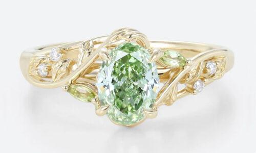 1ct Oval Lab Green Diamond Ring Delicate Botanical 4 Claw Prong Engagement Ring in Yellow Gold