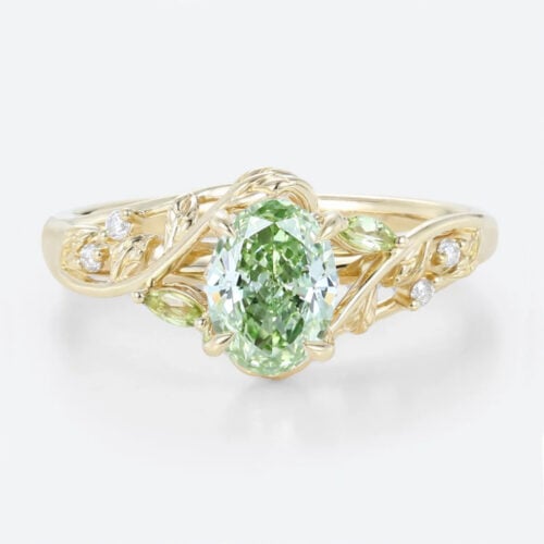 1ct Oval Lab Green Diamond Ring Delicate Botanical 4 Claw Prong Engagement Ring in Yellow Gold