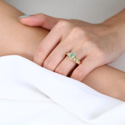 1ct Oval Lab Green Diamond Ring Delicate Botanical 4 Claw Prong Engagement Ring in Yellow Gold