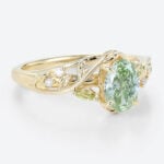 1ct Oval Lab Green Diamond Ring Delicate Botanical 4 Claw Prong Engagement Ring in Yellow Gold