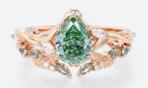 1ct Pear Cut Lab Green Diamond Ring​ Set Art Nouveau Vine 5-Prong Engagement Ring in rose gold