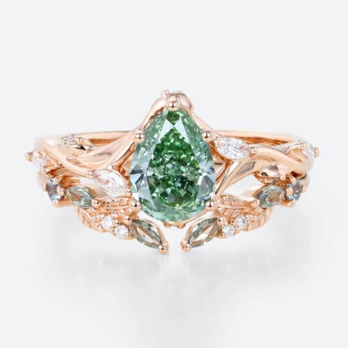 1ct Pear Cut Lab Green Diamond Ring​ Set Art Nouveau Vine 5-Prong Engagement Ring in rose gold