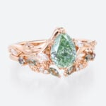 1ct Pear Cut Lab Green Diamond Ring​ Set Art Nouveau Vine 5-Prong Engagement Ring in rose gold