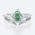 1ct Pear Cut Lab Green Diamond Ring​ Set Art Nouveau Vine 5-Prong Engagement Ring in White gold