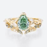 1ct Pear Cut Lab Green Diamond Ring​ Set Art Nouveau Vine 5-Prong Engagement Ring in Yellow gold