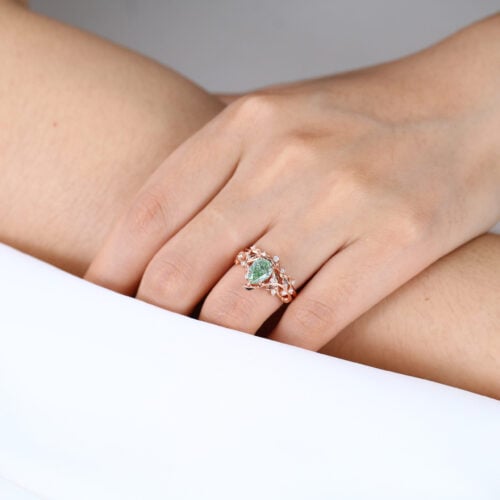 1ct Lab Green Diamond Engagement Ring Set Organic-Designed 5 Claw Prong Engagement Ring in Rose Gold