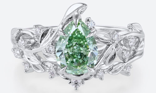 1ct Lab Green Diamond Engagement Ring Set Organic-Designed 5 Claw Prong Engagement Ring in White Gold