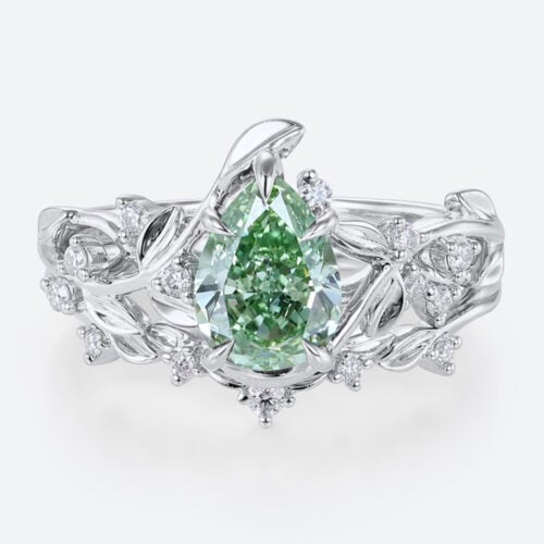 1ct Lab Green Diamond Engagement Ring Set Organic-Designed 5 Claw Prong Engagement Ring in White Gold