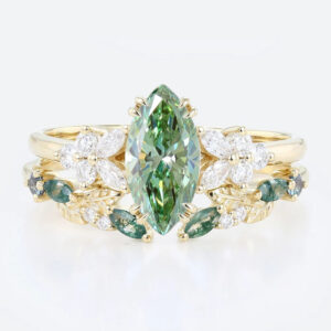 1ct Marquise Cut Lab Green Diamond Ring Set Nature-Inspired 4 Double Claw Prong Engagement Ring in Yellow Gold