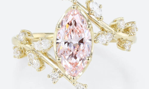 1ct Marquise Cut Lab Pink Diamond Engagement Ring Bypass 6 Claw Prong in Yellow Gold