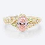 1ct Oval Lab Diamond and Pink Engagement Ring Botanical Bloom 4 Claw Prong Ring in Yellow Gold