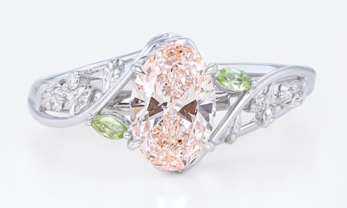 1ct Oval Lab Diamond and Pink Engagement Ring Botanical Bloom 4 Claw Prong Ring in White Gold