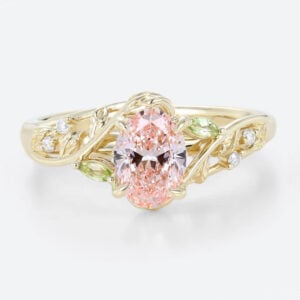 1ct Oval Lab Diamond and Pink Engagement Ring Botanical Bloom 4 Claw Prong Ring in Yellow Gold
