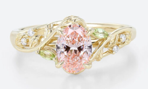 1ct Oval Lab Diamond and Pink Engagement Ring Botanical Bloom 4 Claw Prong Ring in Yellow Gold