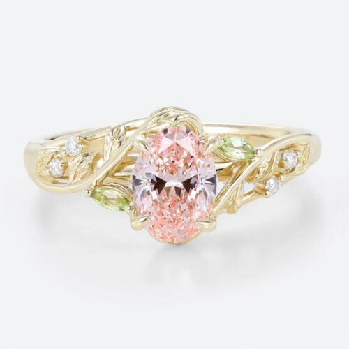 1ct Fancy Pink VS+ Oval Cut Lab Grown Pink Diamond Botanical Bloom 4 Claw Prong Engagement Ring in Yellow Gold
