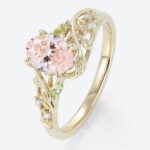 1ct Oval Lab Diamond and Pink Engagement Ring Botanical Bloom 4 Claw Prong Ring in Yellow Gold