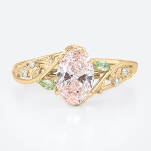 1ct Oval Lab Diamond and Pink Engagement Ring Botanical Bloom 4 Claw Prong Ring in Yellow Gold