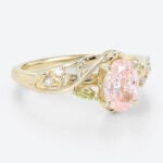 1ct Oval Lab Diamond and Pink Engagement Ring Botanical Bloom 4 Claw Prong Ring in Yellow Gold