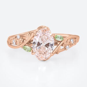 1ct Oval Lab Diamond and Pink Engagement Ring Botanical Bloom 4 Claw Prong Ring in Rose Gold
