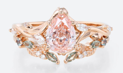 1ct Lab Pink Diamond Engagement Ring​ Set Pear Shaped Leaf Vine 5-Prong Engagement Ring in Rose Gold
