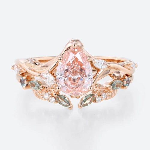 1ct Lab Pink Diamond Engagement Ring​ Set Pear Shaped Leaf Vine 5-Prong Engagement Ring in Rose Gold