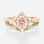 1ct Lab Pink Diamond Engagement Ring​ Set Pear Shaped Leaf Vine 5-Prong Engagement Ring in Yellow Gold