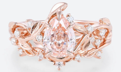 1ct Lab Diamond Ring with Pink Diamond Pear Shaped Nature's Embrace 5 Claw Prong Engagement Ring Set in Rose Gold