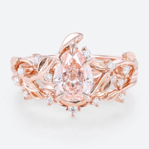 1ct Lab Diamond Ring with Pink Diamond Pear Shaped Nature's Embrace 5 Claw Prong Engagement Ring Set in Rose Gold