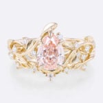 1ct Lab Diamond Ring with Pink Diamond Pear Shaped Nature's Embrace 5 Claw Prong Engagement Ring Set in Yellow Gold