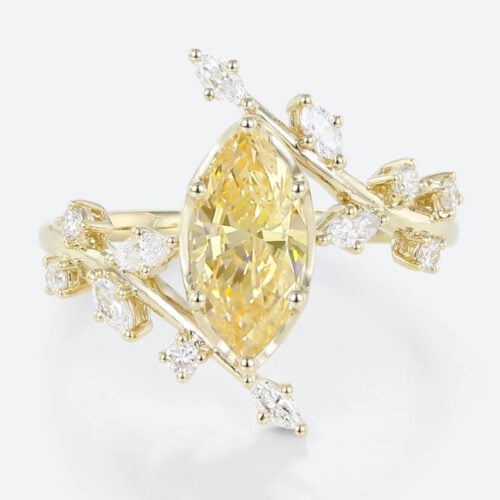 Marquise Cut Lab Yellow Diamond Ring 1ct Fancy Yellow Vintage Bridal Ring in Yellow Gold