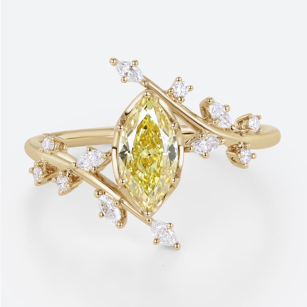 Marquise Cut Lab Yellow Diamond Ring 1ct Fancy Yellow Vintage Bridal Ring in Yellow Gold