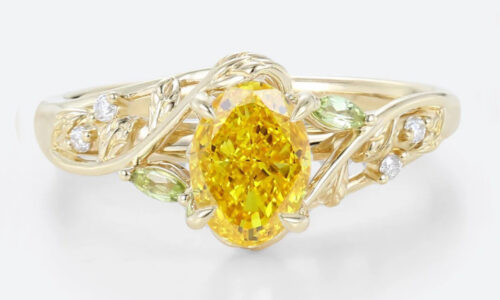 1ct Oval Cut Lab Yellow Diamond Ring Organic Vine 4 Claw Prong Engagement Ring in Yellow Gold