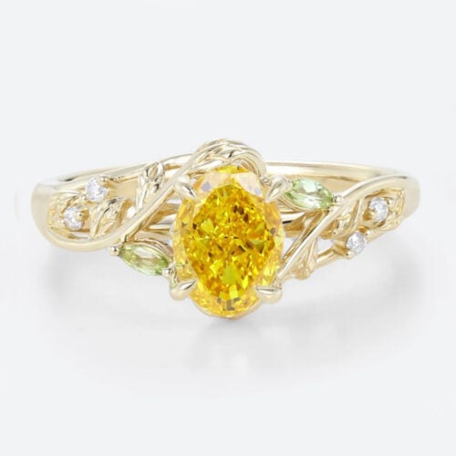 1ct Oval Cut Lab Yellow Diamond Ring Organic Vine 4 Claw Prong Engagement Ring in Yellow Gold