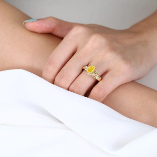 1ct Oval Cut Lab Yellow Diamond Ring Organic Vine 4 Claw Prong Engagement Ring in Yellow Gold