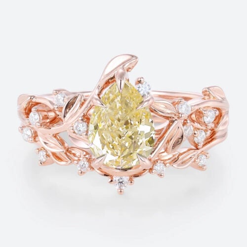 1ct Pear Shaped Lab Yellow Diamond Ring​ Set Twisted Vine 5 Claw Prong Engagement Ring in Rose Gold