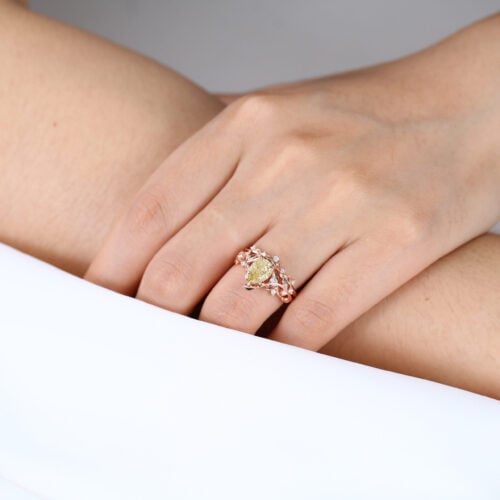 1ct Pear Shaped Lab Yellow Diamond Ring​ Set Twisted Vine 5 Claw Prong Engagement Ring in Rose Gold