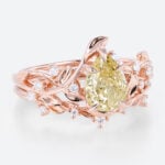 1ct Pear Shaped Lab Yellow Diamond Ring​ Set Twisted Vine 5 Claw Prong Engagement Ring in Rose Gold