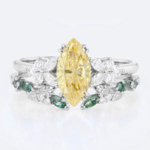 1ct Marquise Cut Lab Yellow Diamond Floral Engagement Ring Set in White Gold