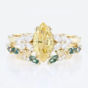1ct Marquise Cut Lab Yellow Diamond Floral Engagement Ring Set in Yellow Gold