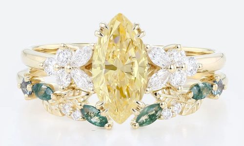 1ct Marquise Cut Lab Yellow Diamond Floral Engagement Ring Set in Yellow Gold