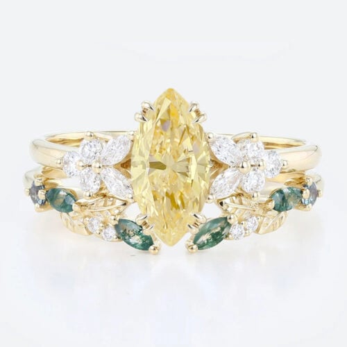 1ct Marquise Cut Lab Yellow Diamond Floral Engagement Ring Set in Yellow Gold