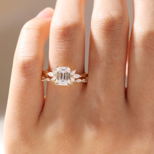 Moissanite Emerald Cut Bridal Set Rings Yellow Gold Engagement Rings Emerald Cut