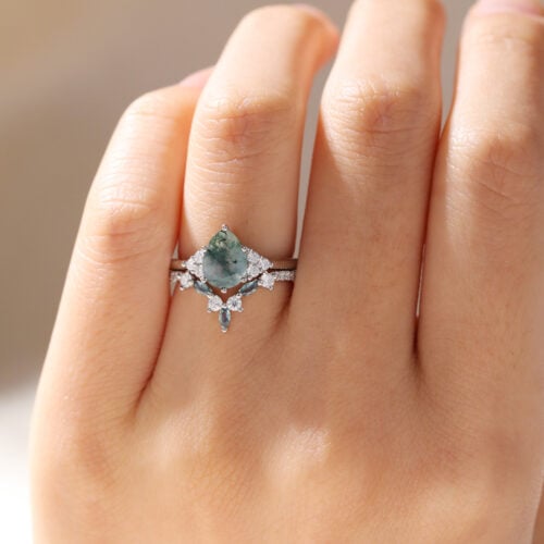 Pear Shaped Moss Agate Ring Alexandrite Curved Wedding Ring Set