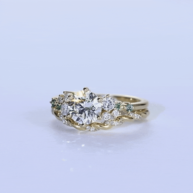 1ct Round Cut Lab Diamond Rings Set Celestial Design Engagement Ring in Yellow Gold
