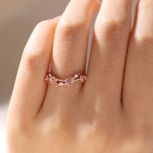 Pink Sapphire and Diamond Ring Forest Nature Inspired Rings