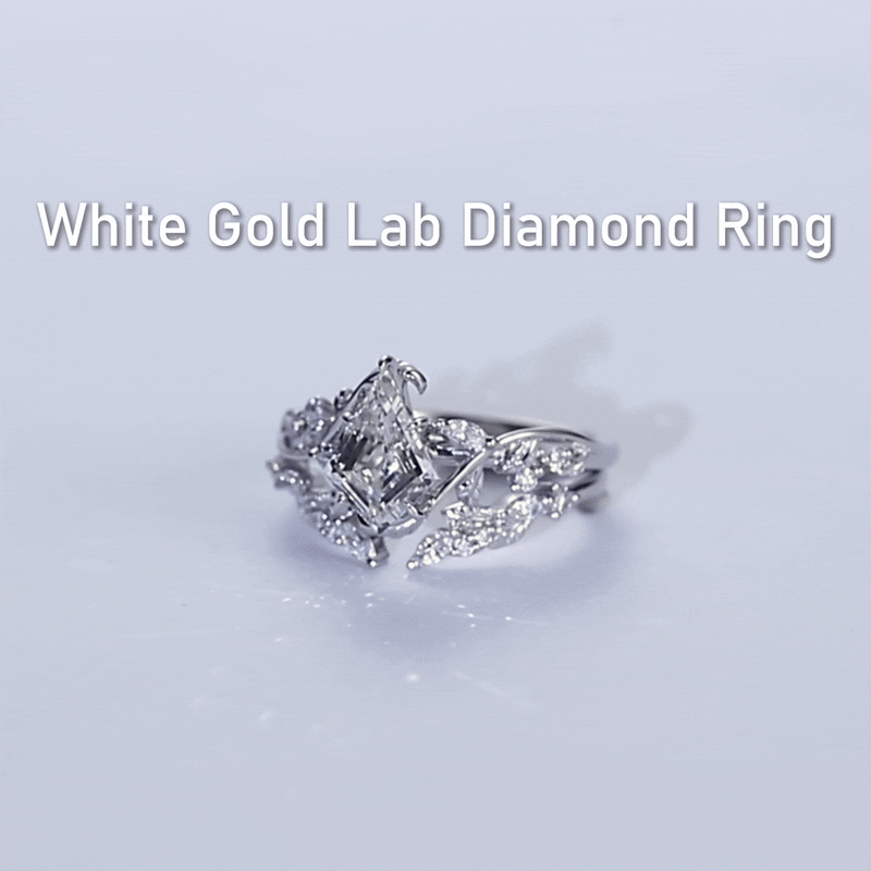 Lab Created Diamond Rings​ Set 1.2ct Kite Cut Lab Diamond Engagement Ring Vine & Leaf Bridal Ring Set