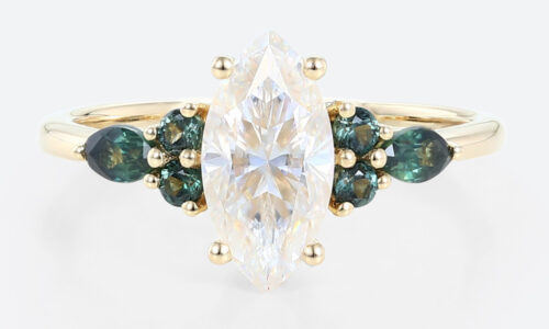 1ct Marquise Cut Moissanite Promise Ring with Green Blue Sapphire Accents in Yellow Gold